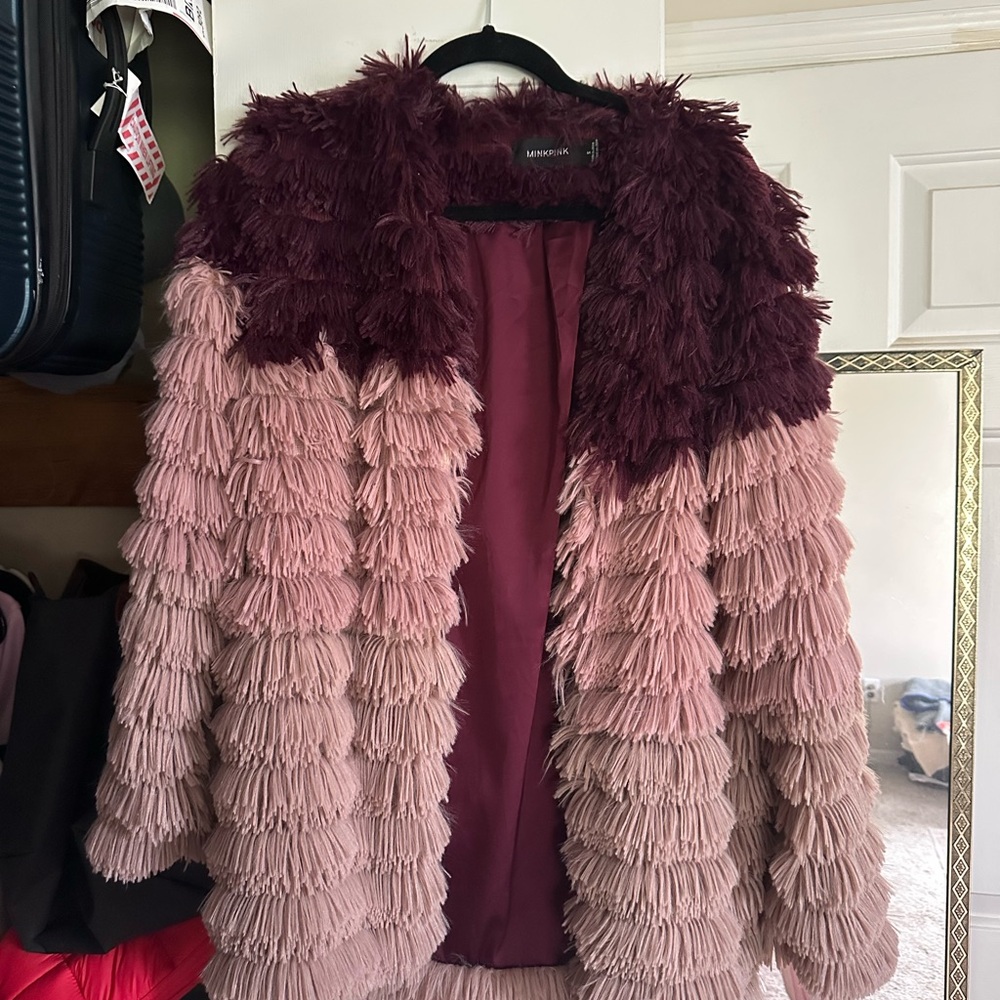MINKPINK Two-Tone Faux-Fur Fringe Jacket in Blush & Burgundy